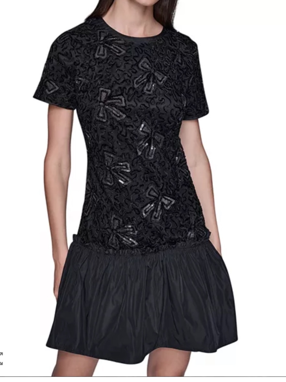 NWT Karl Lagerfeld Paris Black Sequin Bow Appliqué Drop-Waist Dress Size 16